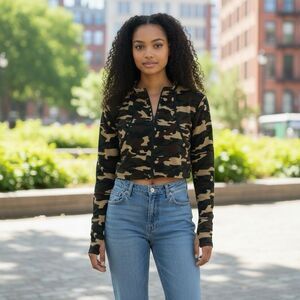 Brown Camouflage Jersey Knit Crop Jacket Sz XL High Neck w/Fashion Mask